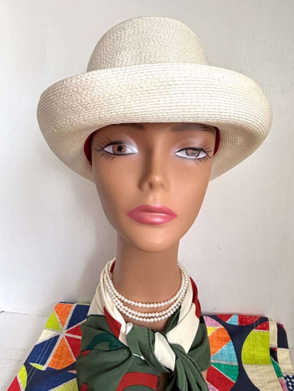 Vintage 40s Duby NYC Derby High Hat Bowler Fedora Faux Straw Cream Brimmed Bow